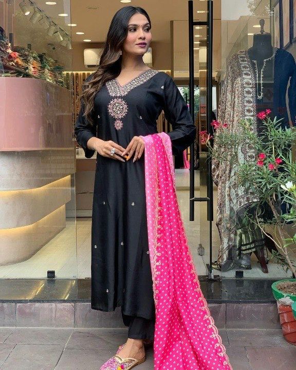 DC G66 Satin Silk Embroidery Kurti With Bottom Dupatta Wholesalers In Surat
